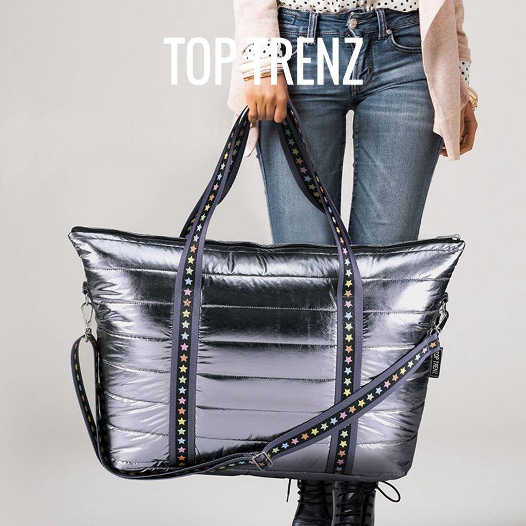 Top Trenz Inc - Wholesale Tote Bag - Women's - Gunmetal Puffer Tote Multi Star Straps1