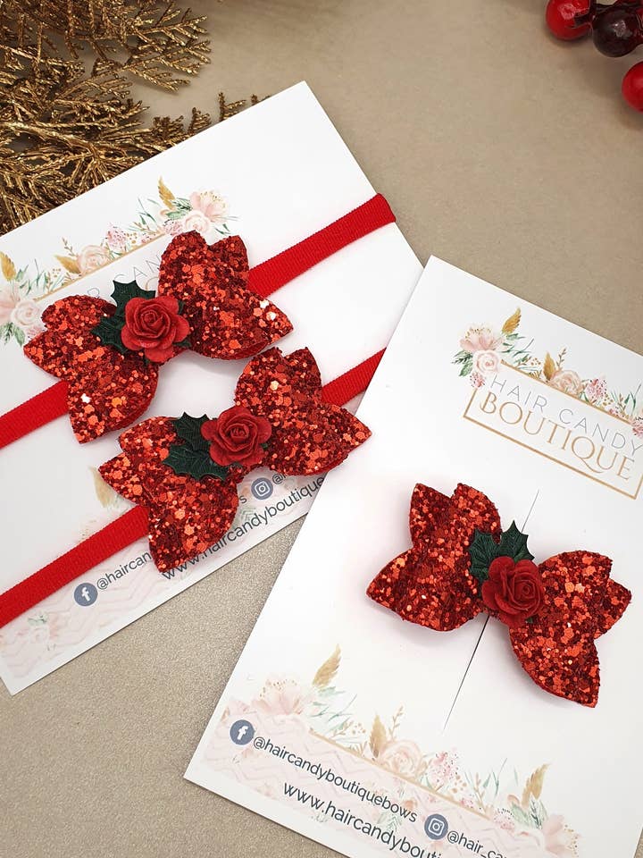 Red Glitter Rose Mini Bow voor wholesale door Hair Candy Boutique