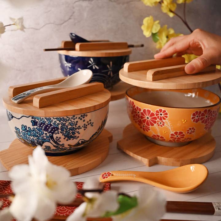 Fuji Merchandise Corporation - Wholesale Serve Bowl - MIRA BOWL WITH WOODEN LID AND TRIVET– BLUE KOI FISH ON IVORY5