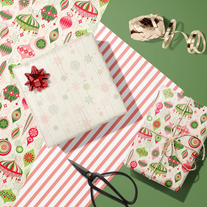 Mod Lounge Paper Company – wholesale Flat wrap – Retro Ornaments Holiday Mid Century Double Sided Gift Wrap4