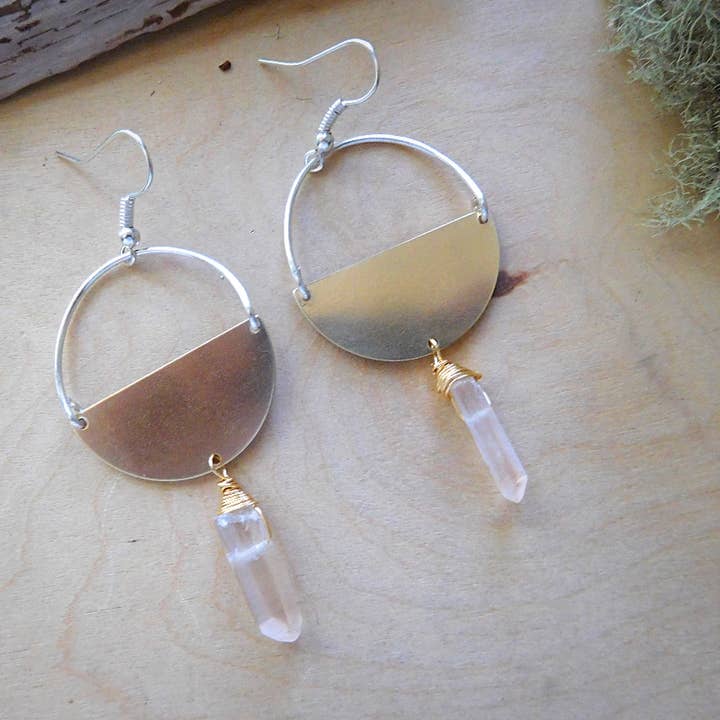 Brass and silver shield earrings with quartz drops for wholesale by Enchantments by Kathy Welsh