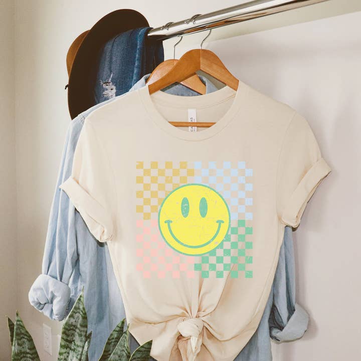 Olive And Ivory Wholesale - Wholesale Screen Printed T-Shirt - Women's - Four Square Smiley Face | Short Sleeve Crew Neck