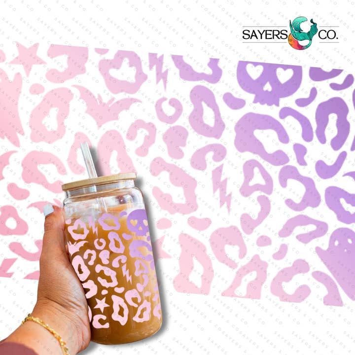 Impresión impresa por sublimación, transferencia o vinilo: calavera de leopardo para Halloween, 16 oz para venta al por mayor de Sayers & Co.