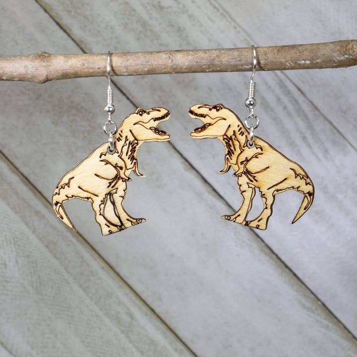 Tyrannosaurus, T Rex Wooden Dangle Earrings for wholesale by Cates Concepts