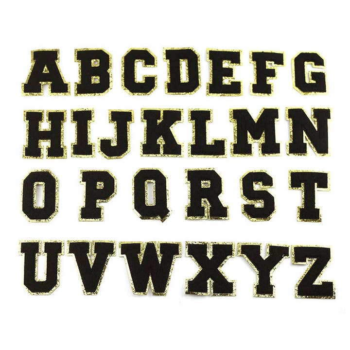 Black Chenille Iron On Gold Glitter Letter Patches for wholesale on Faire1