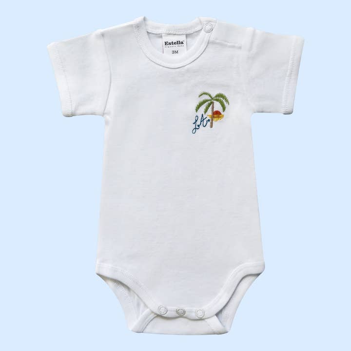 Organic Baby Onesie with Los Angeles Embroidery for wholesale by Estella
