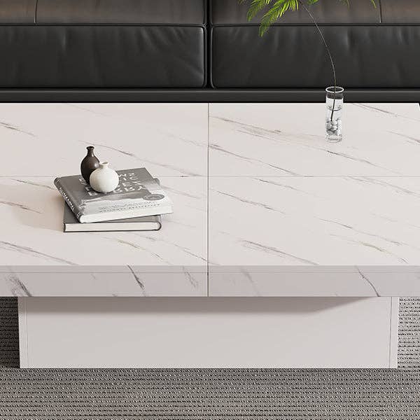 Urban Meuble - Wholesale Side Table - Modern white square coffee table with marble effect, 4 drawers, sliding top 90x90x25cm KHEKRIED28