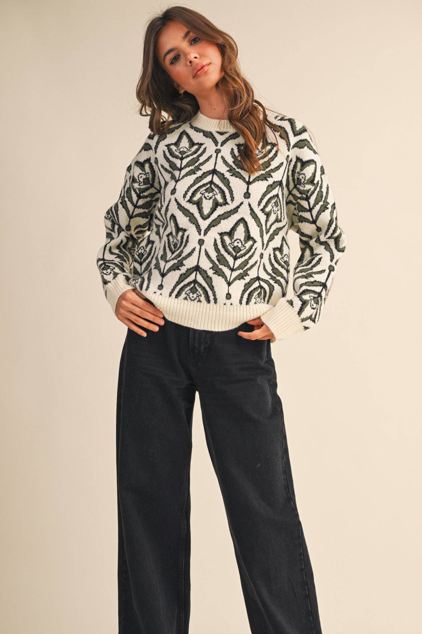 &MERCI - Wholesale Knit Sweater - Women's - FLORAL PATTERN KNIT SWEATER MSW1109534