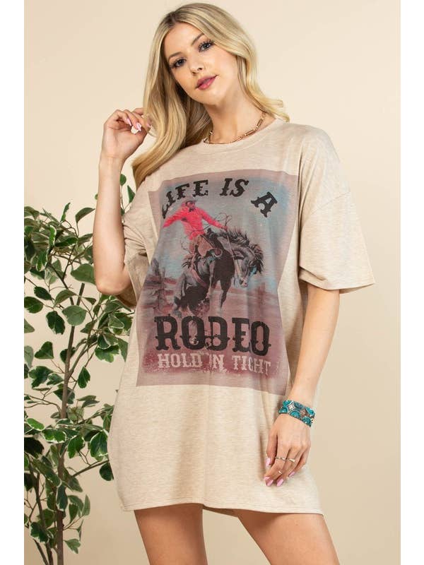 Camel AV1202-TIANA LIFE IS A RODEO GRAPHIC T-SHIRT DRESS for wholesale on Faire
