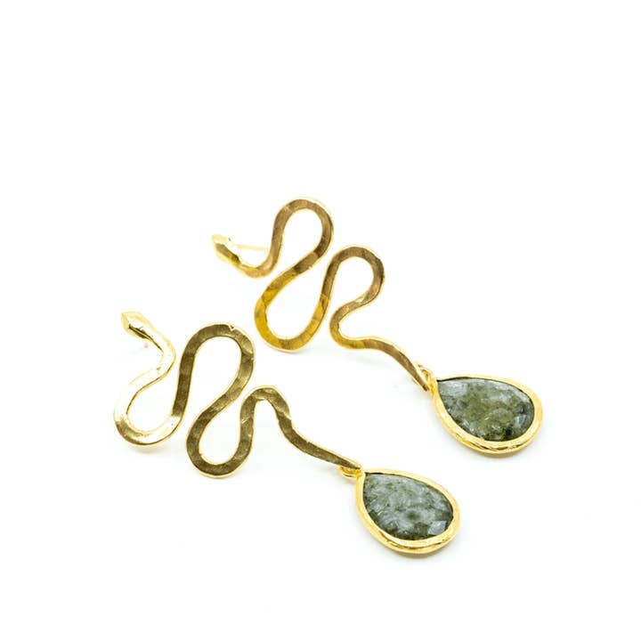 Snake with Green Stone Handmade Gold Earrings for wholesale by ZEYZEY
