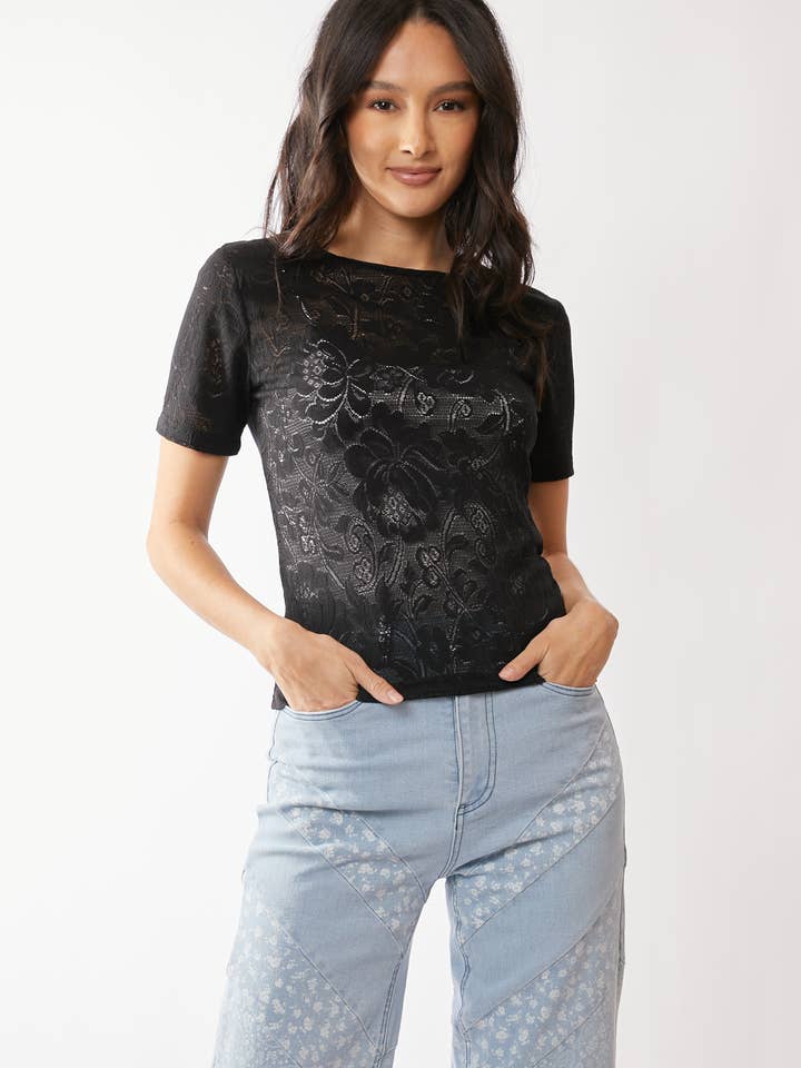 Davi & Dani - Wholesale Knit Top - Women's - STRETCH-ENHANCED POWER MESH LACE SHORT SLEEVE TOP