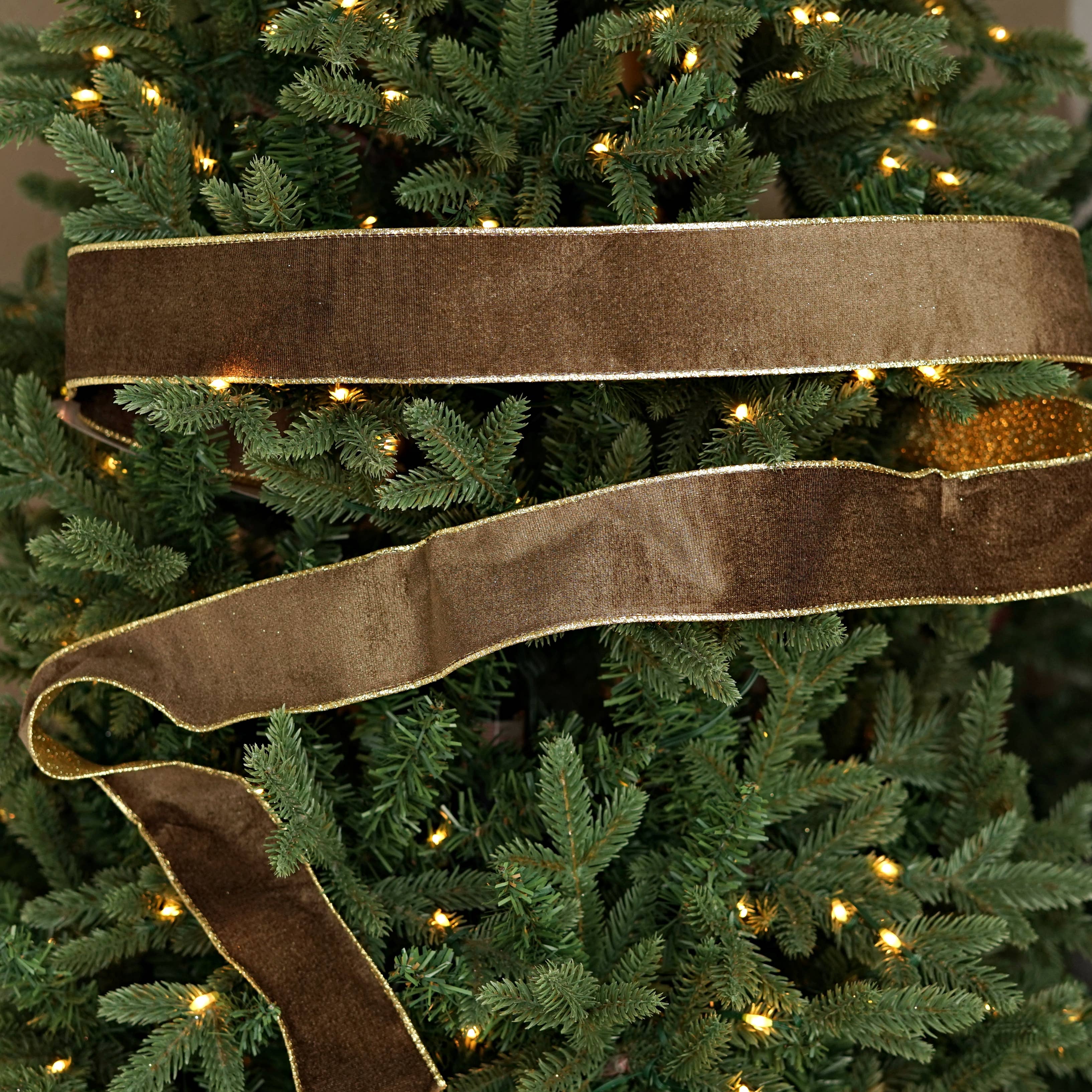Holiday Depot Inc. - Wholesale Ribbon - Gift Wrapping - 57R0902 - 2.5inWx10Yard Wired Ribbon-Cappuccino Velvet/Gold5