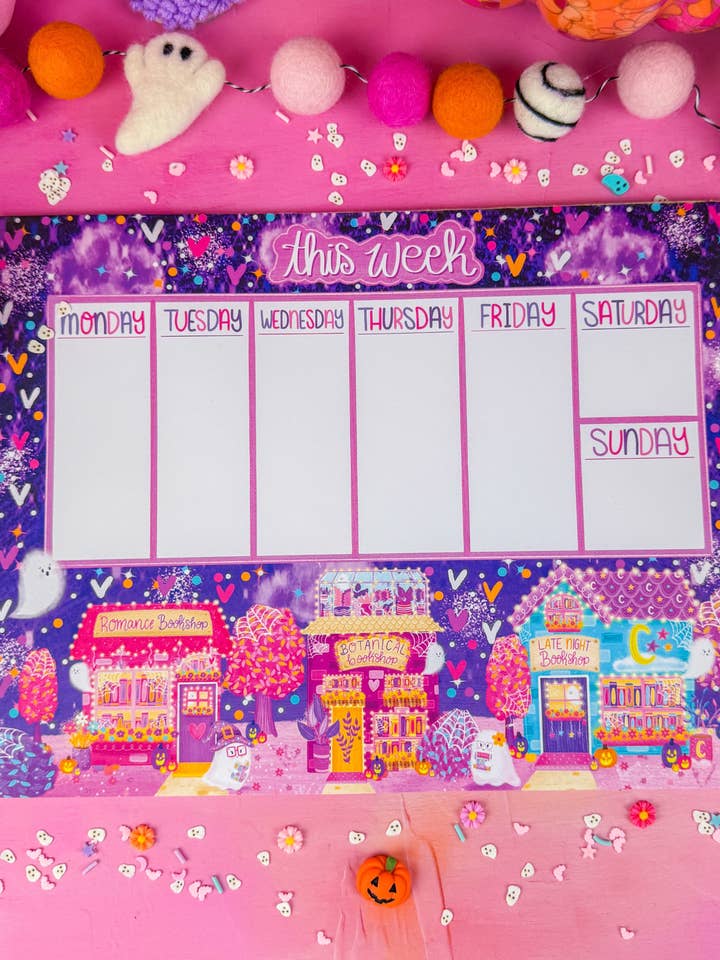 Halloween à l'Avenue de la Librairie Bloc-notes Planificateur Hebdomadaire pour la vente par Emily Cromwell Designs