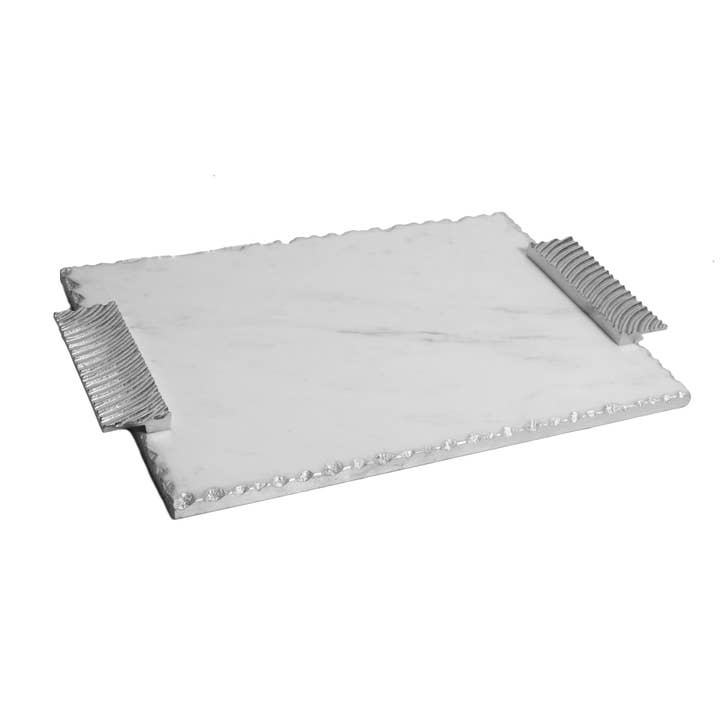 CLASSIC TOUCH DECOR INC. - Wholesale Serving Tray - Marble Challah Tray with Silver Decorative Handles, 16"L