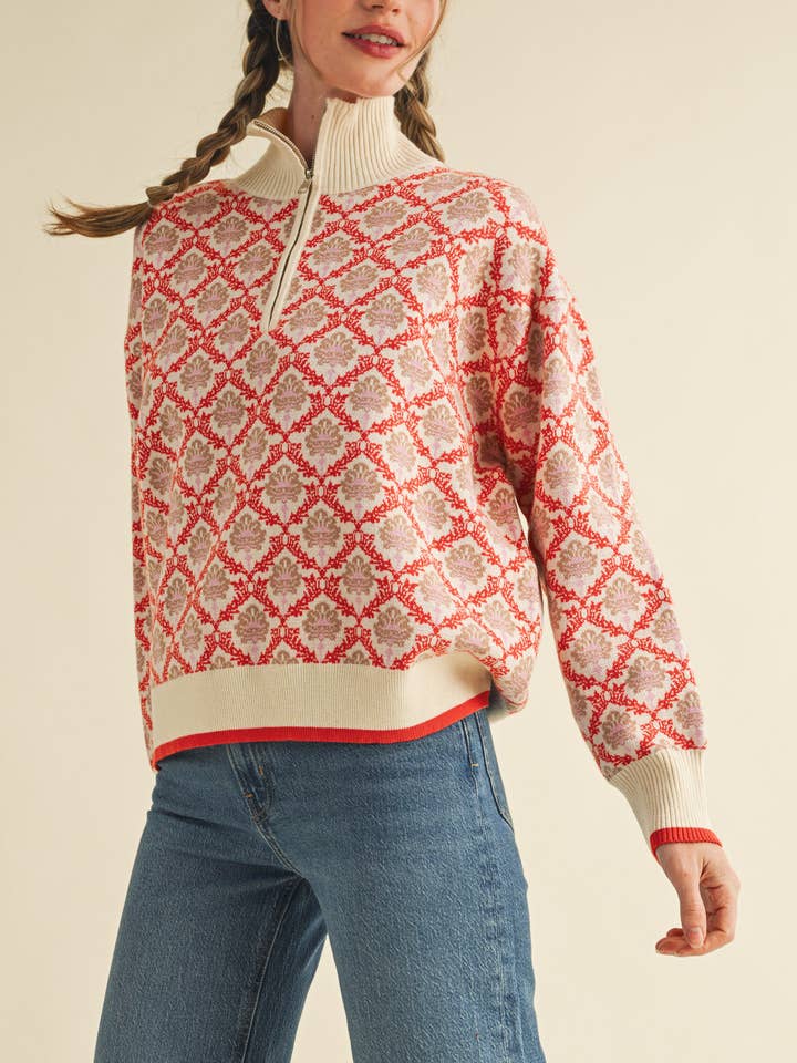 &MERCI - Wholesale Knit Sweater - Women's - FLORAL MOCK NECK HALF ZIP PULLOVER MSW108296