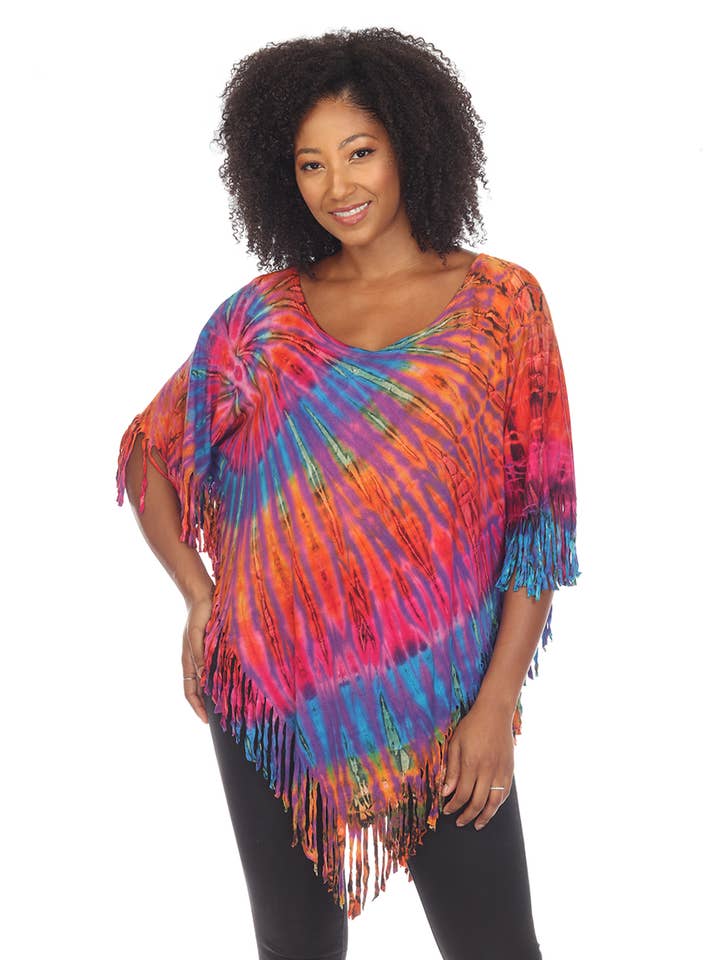 Poncho hippie bohemio bohemio con flecos, teñido anudado, morado para venta al por mayor de The Collection Royal / Royal Handicrafts