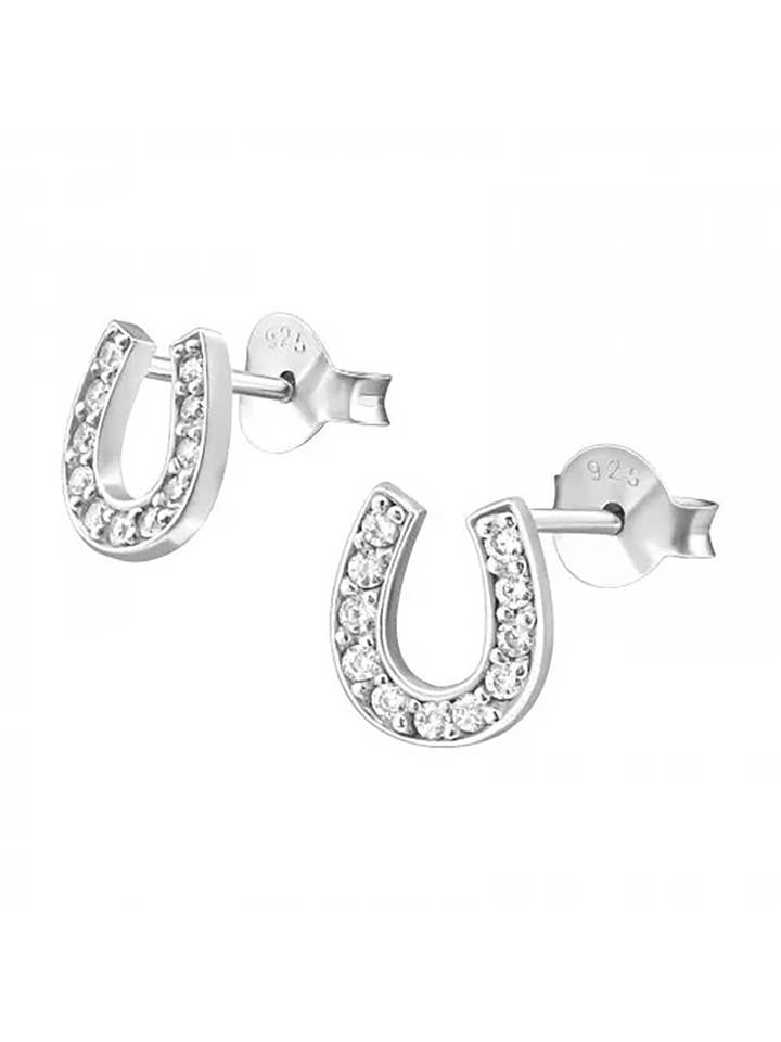 Boucles d'oreilles à tige en forme de fer à cheval en argent sterling avec zircone cubique - SS pour la vente par Zoey Simmons