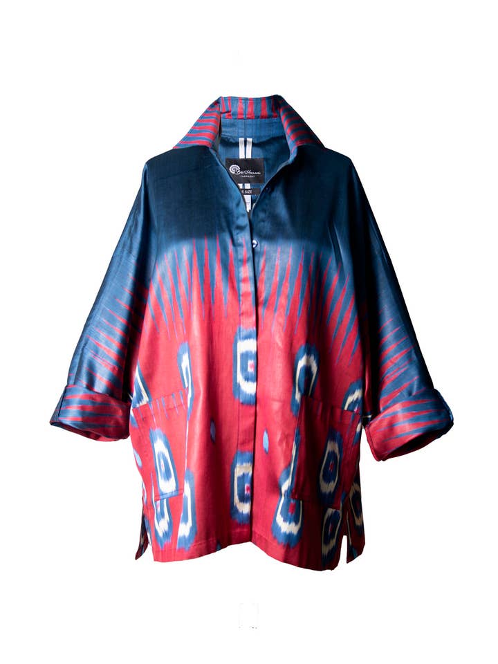 Camicia Ikat in Seta Blu e Rossa / Taglia Unica per la vendita all'ingrosso da parte di Bibi Hanum
