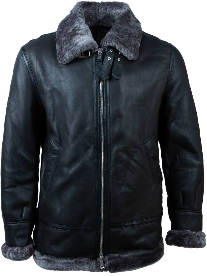 Veste en peau de mouton JEE2 pour homme - Fourrure noir/dos argenté pour la vente par Aviatrix