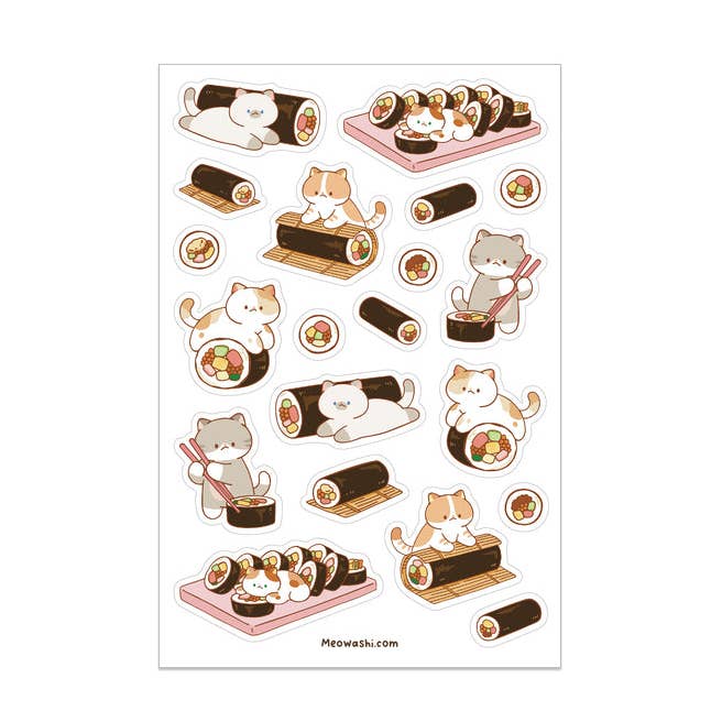 Foglio adesivo trasparente Cat and Gimbap per la vendita all'ingrosso da parte di Meowashi Studio