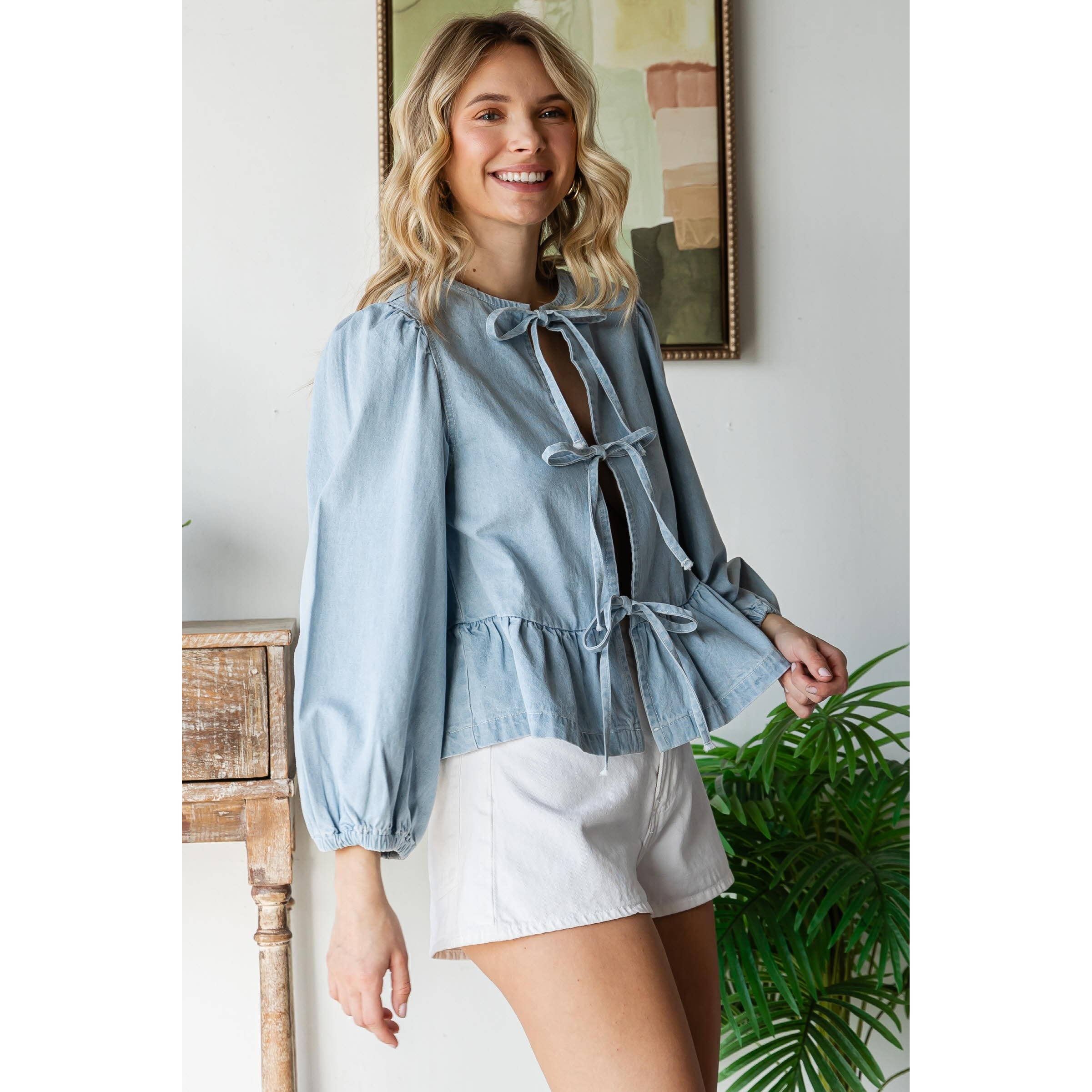 Veveret - Vente Chemisier – femme - Haut en denim à ruban frontal4