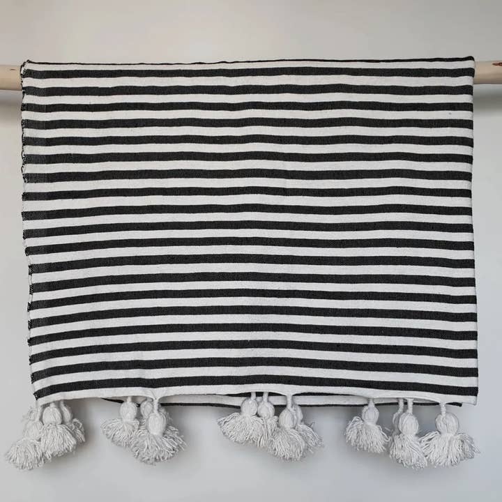 Handwoven Moroccan Blanket – Pompom Throw with Tassels for wholesale by Moroccan House