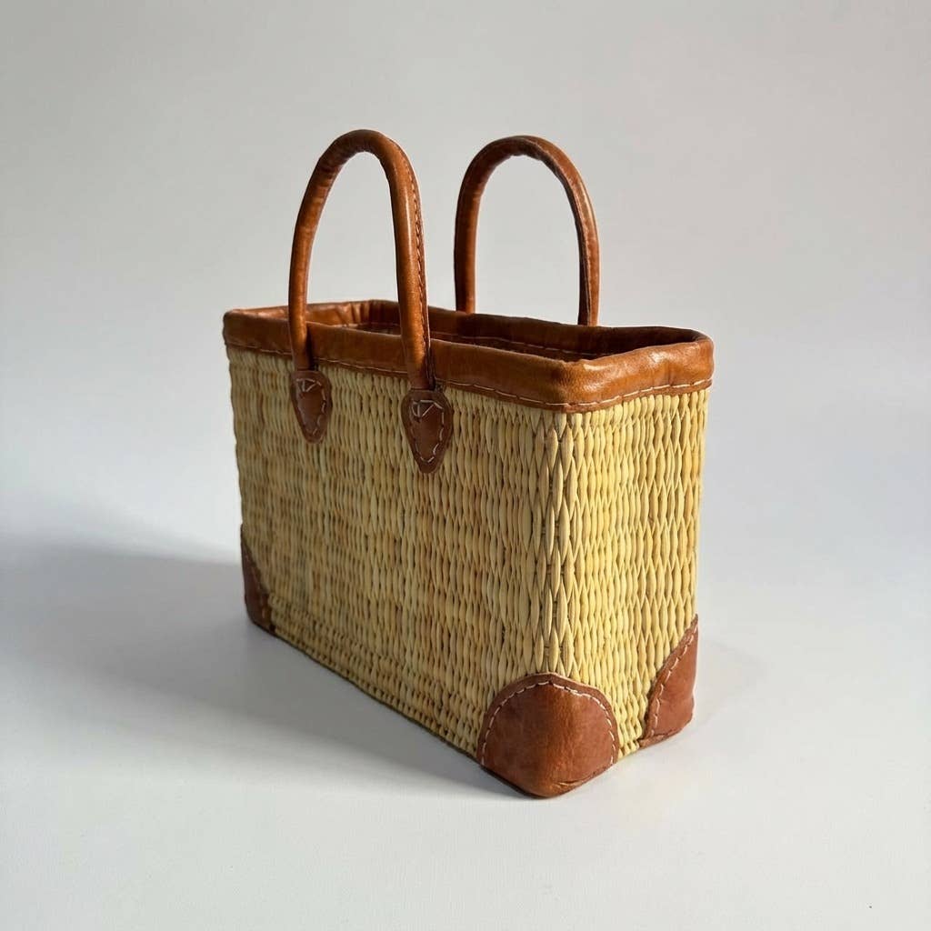 Melecraft - Vente Paniers - Panier de marché en roseau tissé de luxe avec garniture en cuir4