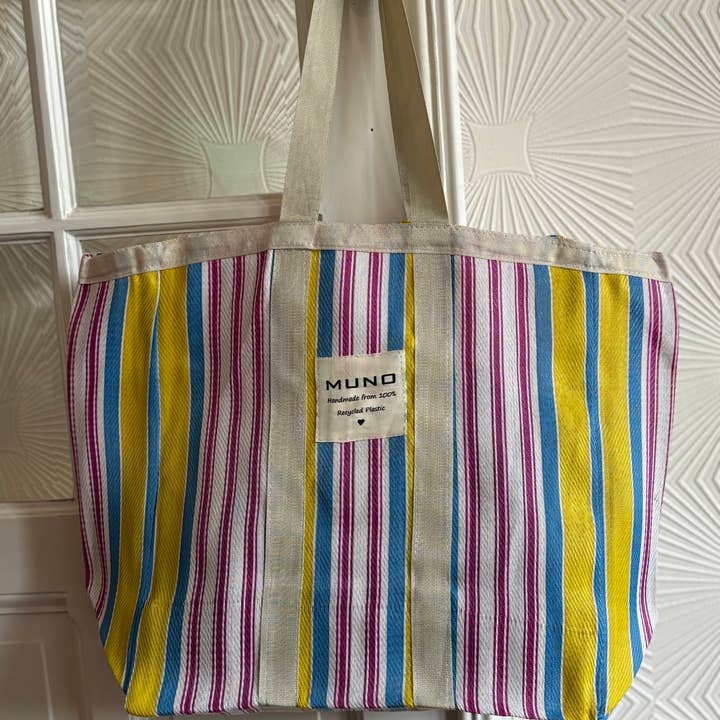 Handmade Recycled Nylon XL Bag - Yellow, Blue & Fushia for wholesale by Muno