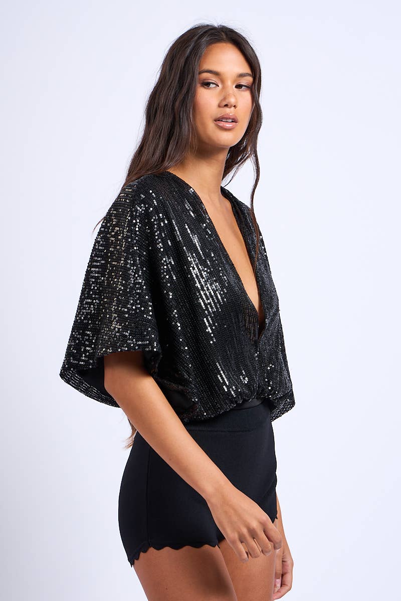 Sky to Moon - Wholesale Bodysuit - Women's - SEQUIN GLITTER PLUNGING NECK HALF SLEEVE BODYSUIT13