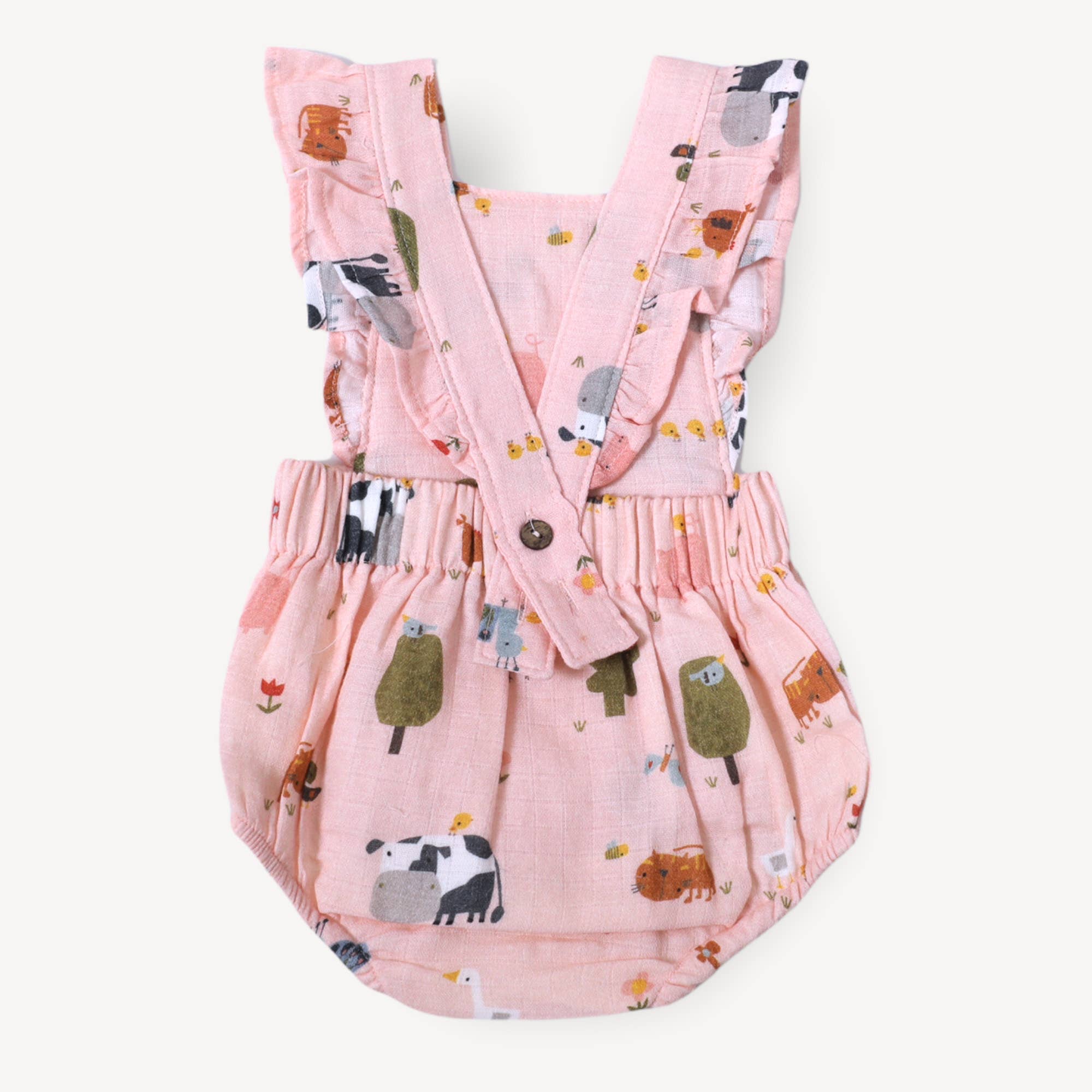 Blush Farm Ruffle Criss Cross Short Baby Romper (Organic Muslin) for wholesale on Faire2