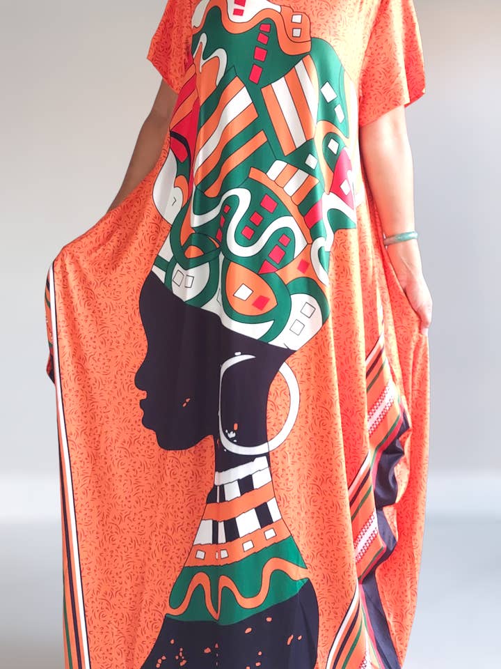Robe à bulles à imprimé afro pour femme - Orange pour la vente par India Batik