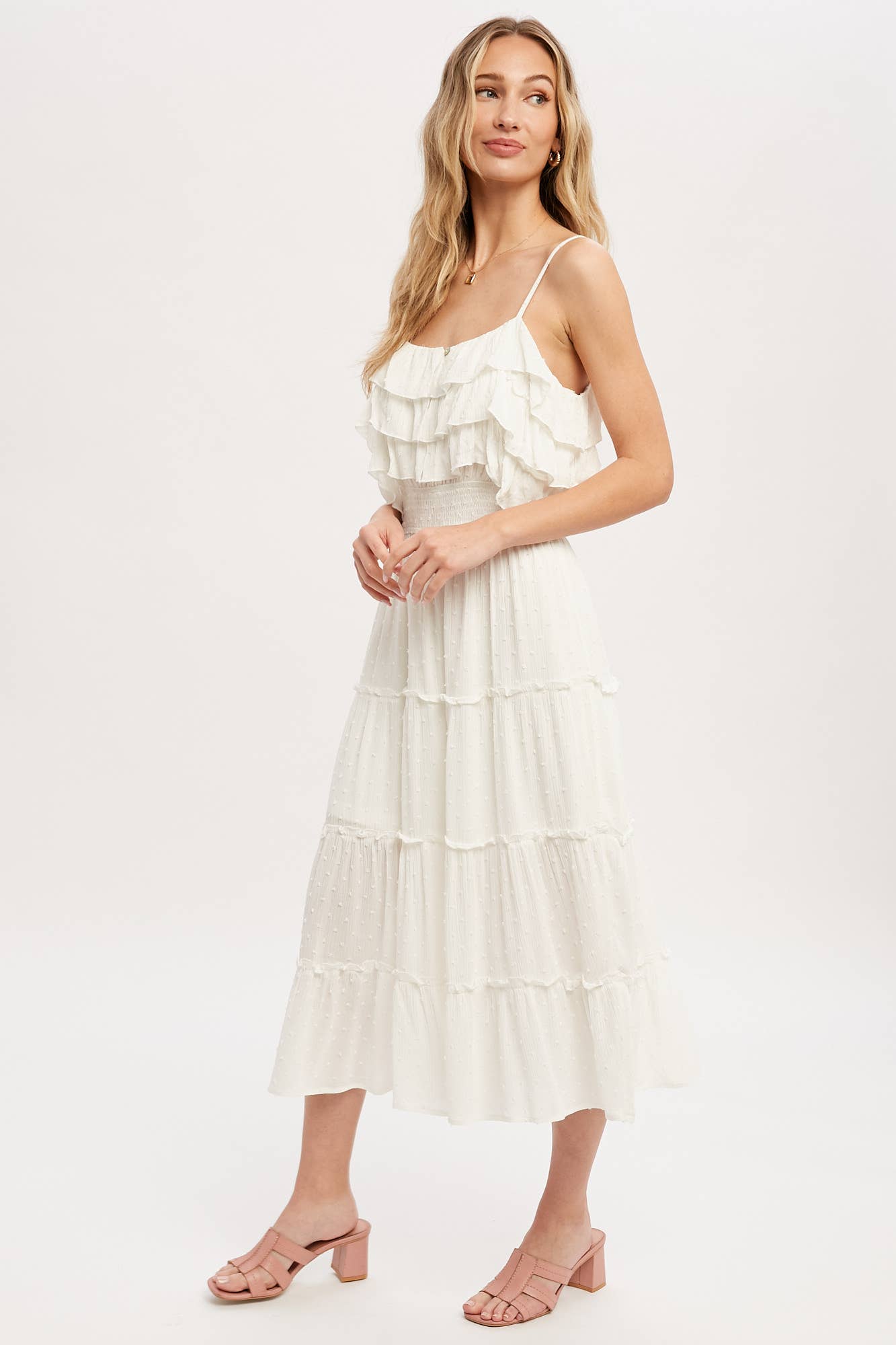 Bluivy – Großhandel Kleid – Damen – GESTUFTES MIDIKLEID MIT SCHWEIZER PUNKTEN UND RÜSCHEN5