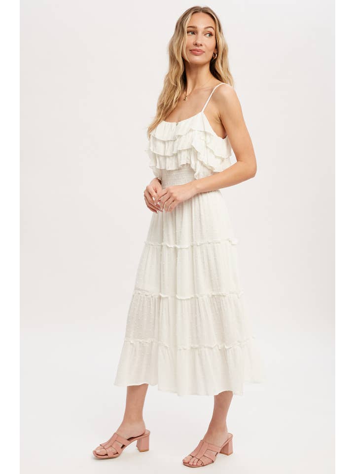 Bluivy – Großhandel Kleid – Damen – GESTUFTES MIDIKLEID MIT SCHWEIZER PUNKTEN UND RÜSCHEN5