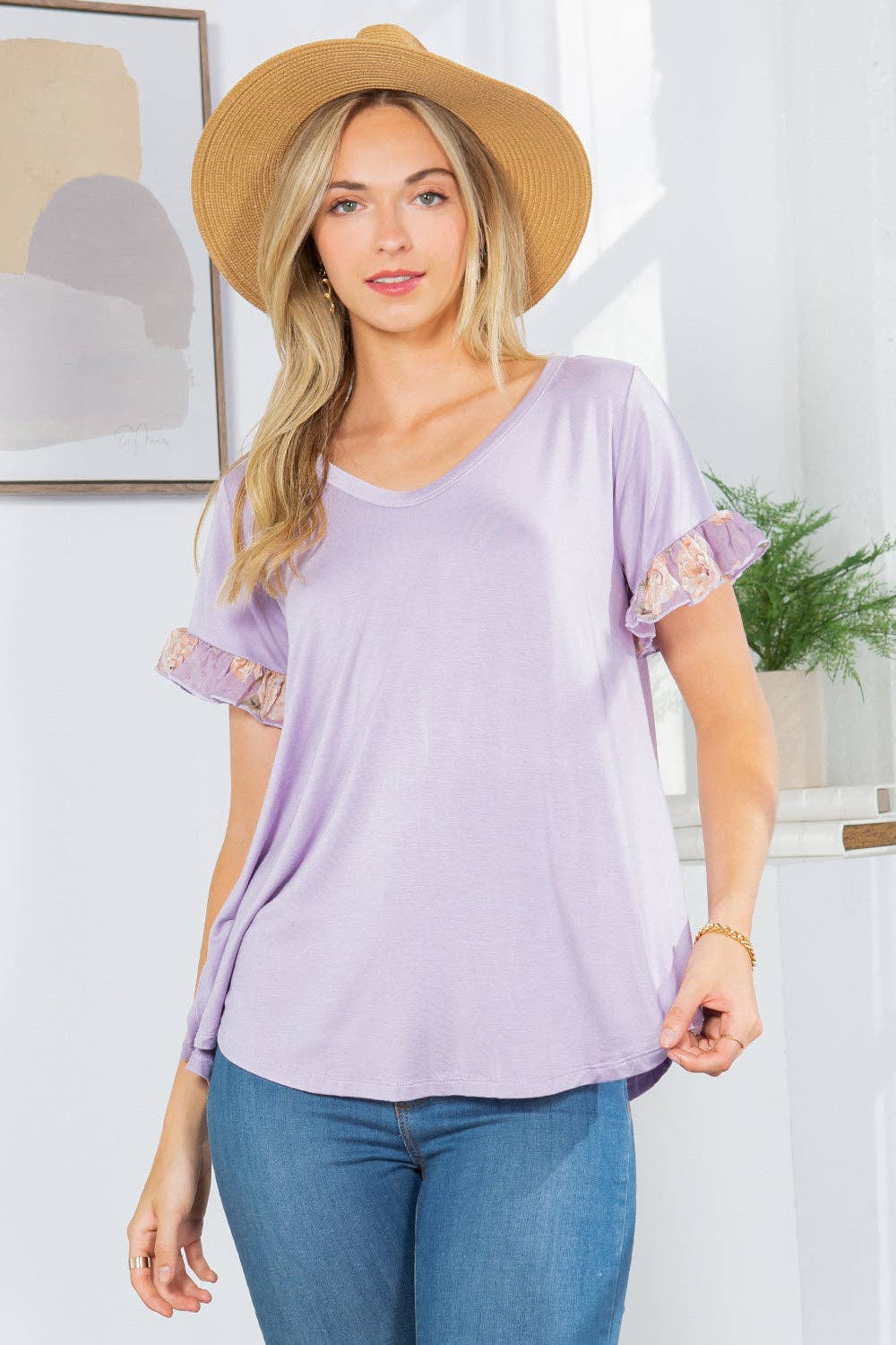 Orange Farm Clothing - Wholesale Tunic - Women's - Ruffle Sleeve Contrast V Neck -2 Colors6