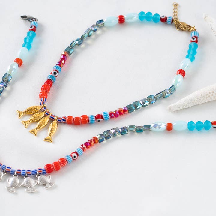 Goupi - Wholesale Beaded/pearl necklace - Fish beaded necklace in Greek islands colors0