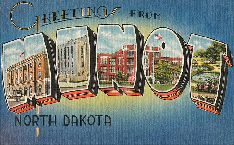 Found Image Press - Vente Cartes postales - Carte postale ND-67 Salutations de Minot, Dakota du Nord0