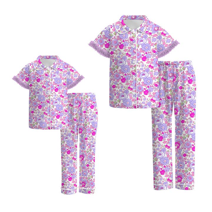 Mommy And Me Fall Purple Floral Cozy Fur Pajamas Set for wholesale by Auraquise