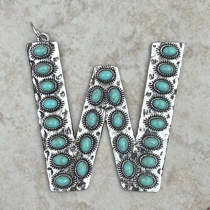 PDS230703W-BLUE Anhänger Buchstabe W aus Silber mit blauem türkisfarbenem Stein für den Großhandel von Western Elite Jewelry