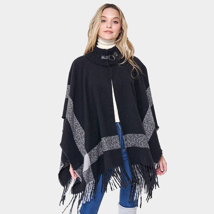 Bordered Fringe Open Cape Ruana Poncho for wholesale by Sensibling Corp.