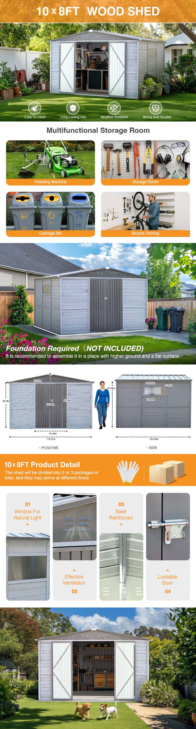 39F Inc. - Wholesale Outdoor Ornament/Decor - 8x10FT Iron-Wood Tool Shed, Gray, Waterproof & Ventilated10