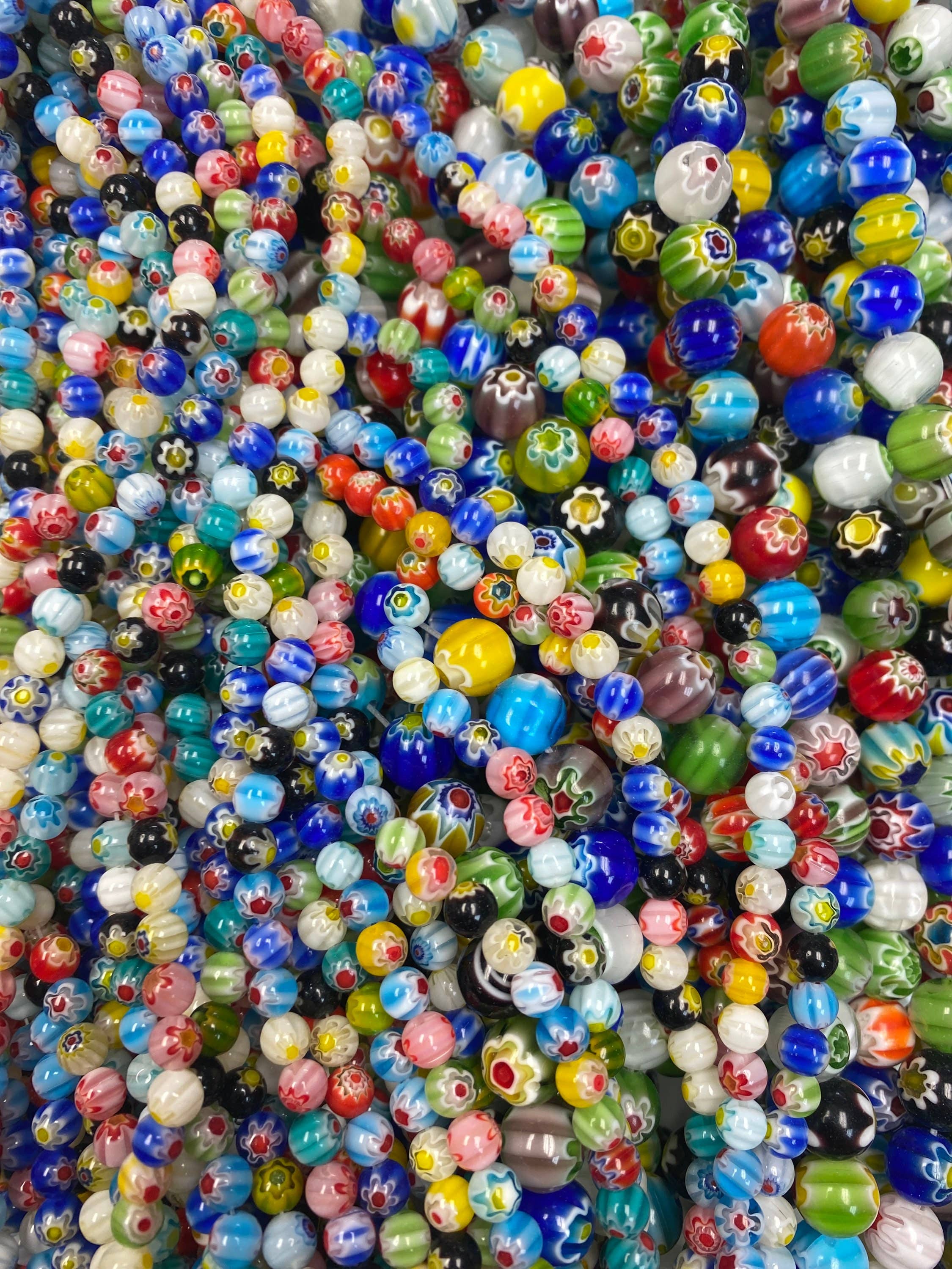 The Bead Bazaar - Wholesale Beads - Murano Style Millefiori Round Beads, 6mm Flower Glass Beads,7