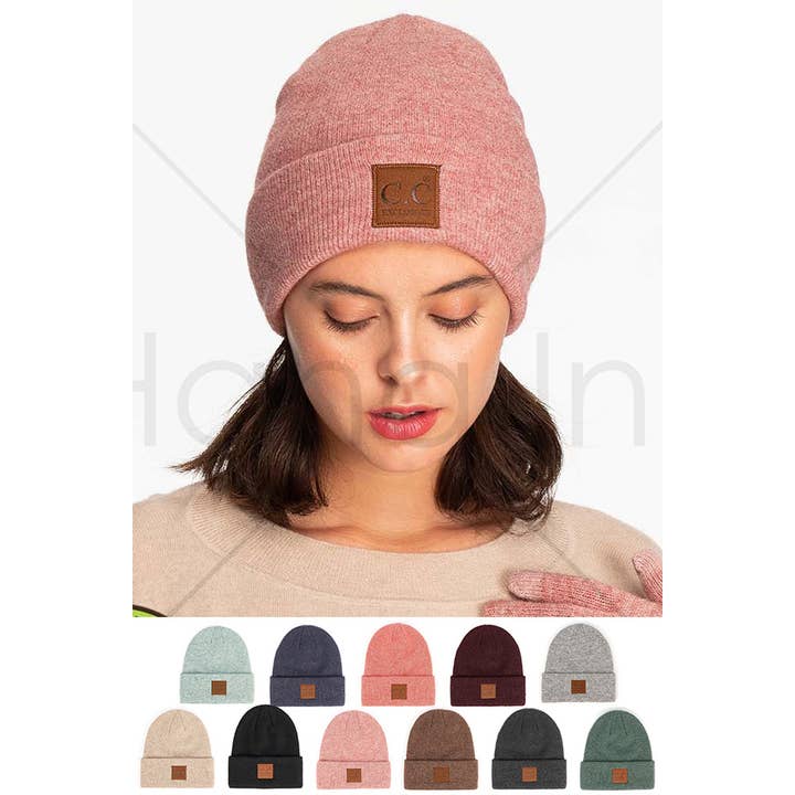Hana - Wholesale Beanie - Women's - C.C Heather Knit Suede Patch Beanie Winter Hat15