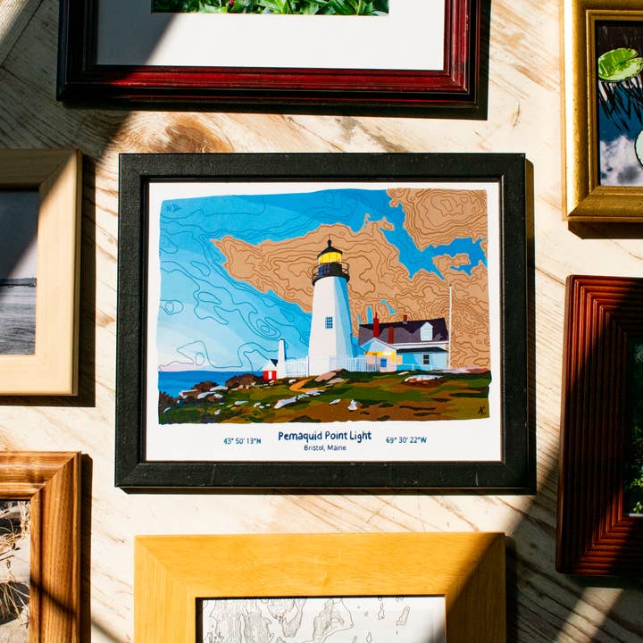 Stampa artistica mappa del faro di Pemaquid Point Midcoast Maine 8x10 per la vendita all'ingrosso da parte di Abby Clark Creative