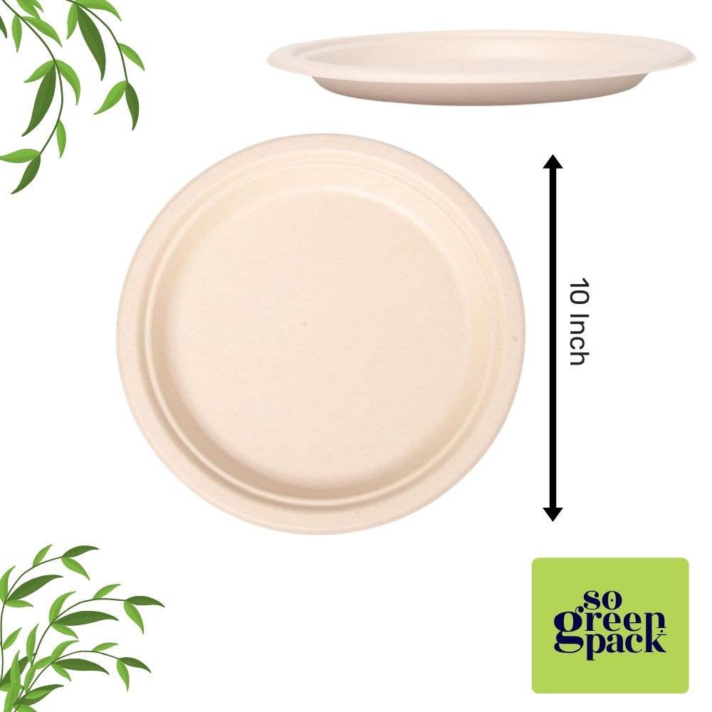 Sogreenpack - Wholesale Disposable Plate - 10" Bagasse Round Plate 100% Compostable Natural 125 Packs5