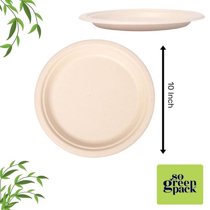 Sogreenpack - Wholesale Disposable Plate - 10" Bagasse Round Plate 100% Compostable Natural 125 Packs5