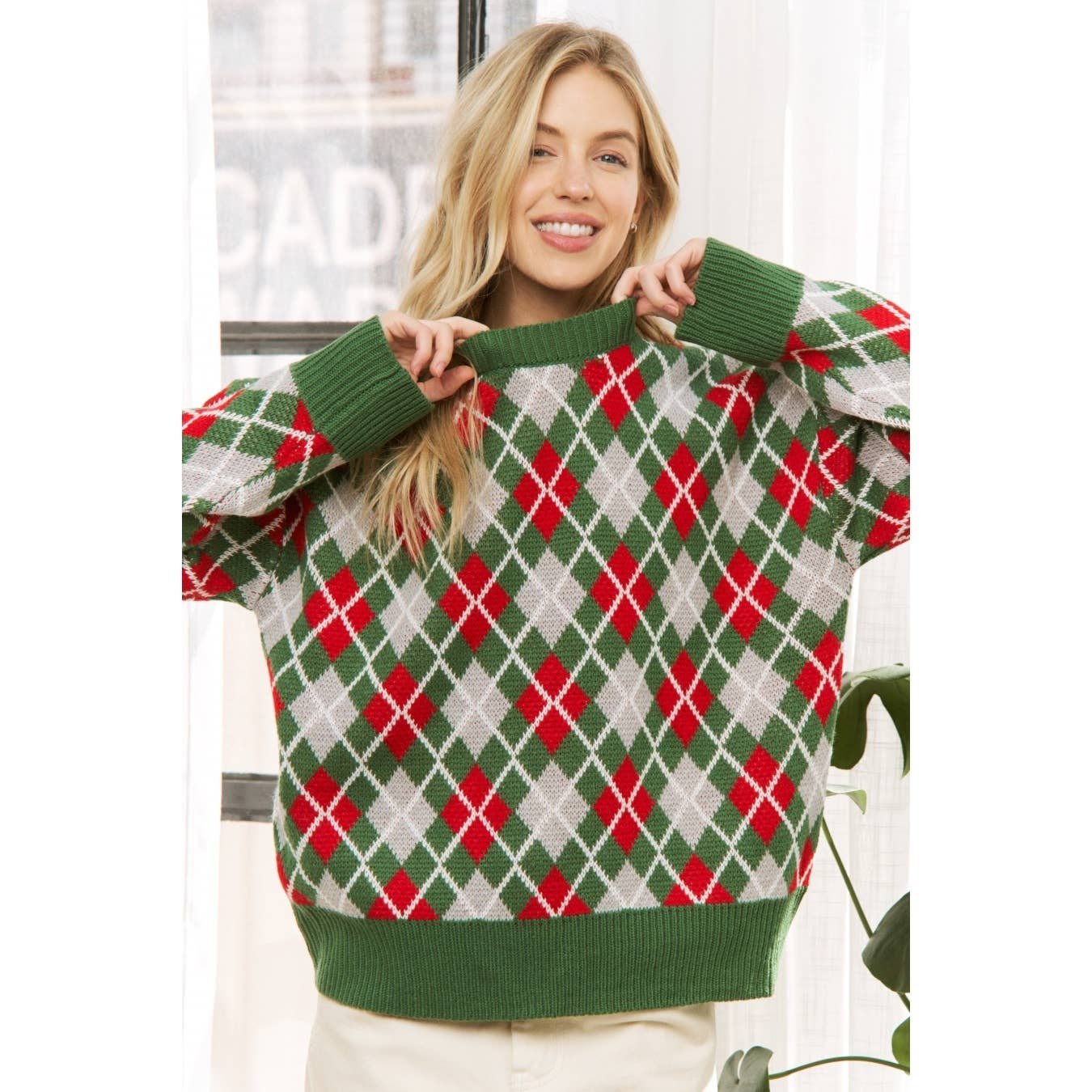 Sweet Generis - Wholesale Knit Sweater - Women's - HOLIDAY ARGYLE PATTERN DROP SHOULDER PULLOVER SWEATER25
