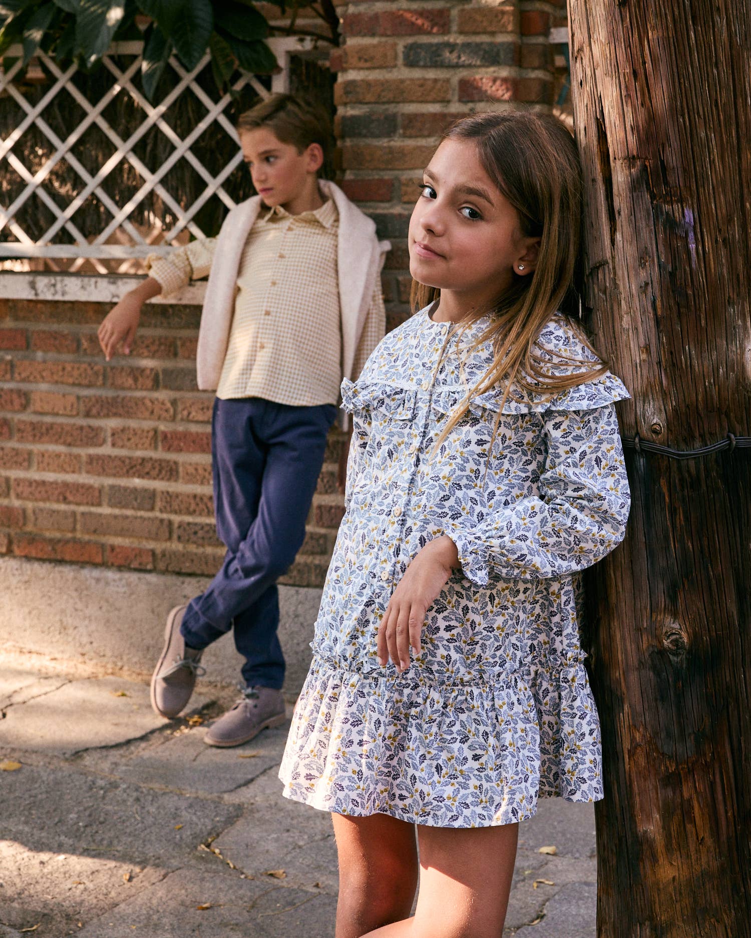 Dadati - Wholesale Dress - Kids - Girl's dress with blue and mustard leaf print8