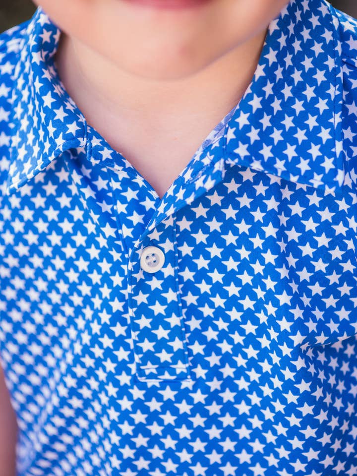 RuffleButts + RuggedButts - Wholesale Athletic Top - Kids - Boys Tiny Blue Stars Knit Short Sleeve Performance Polo