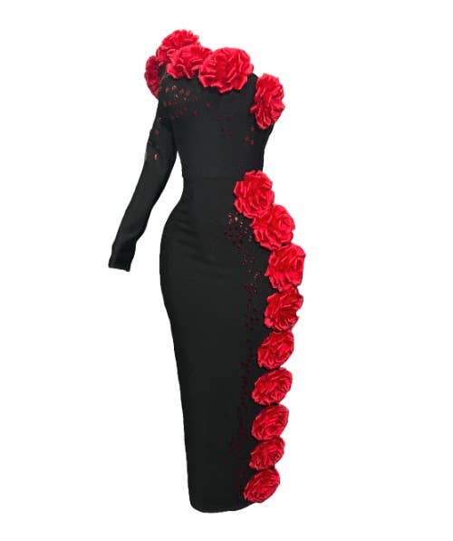 Black 43Y 3D Floral One-Shoulder Bandage Gown with Crystal Detail for wholesale on Faire8
