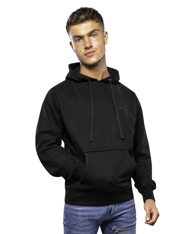 Tonal Embroidery Long Sleeve Hooded Sweatshirt Black for wholesale by Antonio Falcone